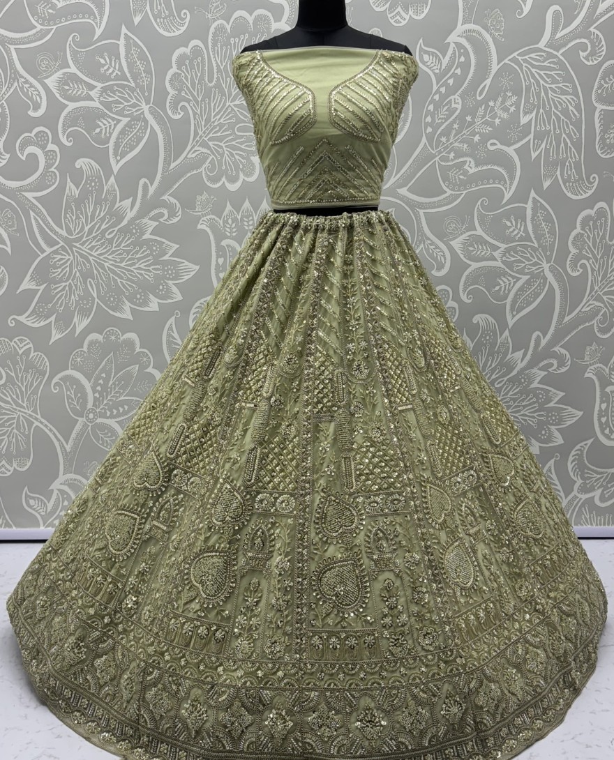 2877-green - Sober Handwork Pastel green Motif and Crystal Pipe work Designed Reception Wear Collection in Lehenga Choli